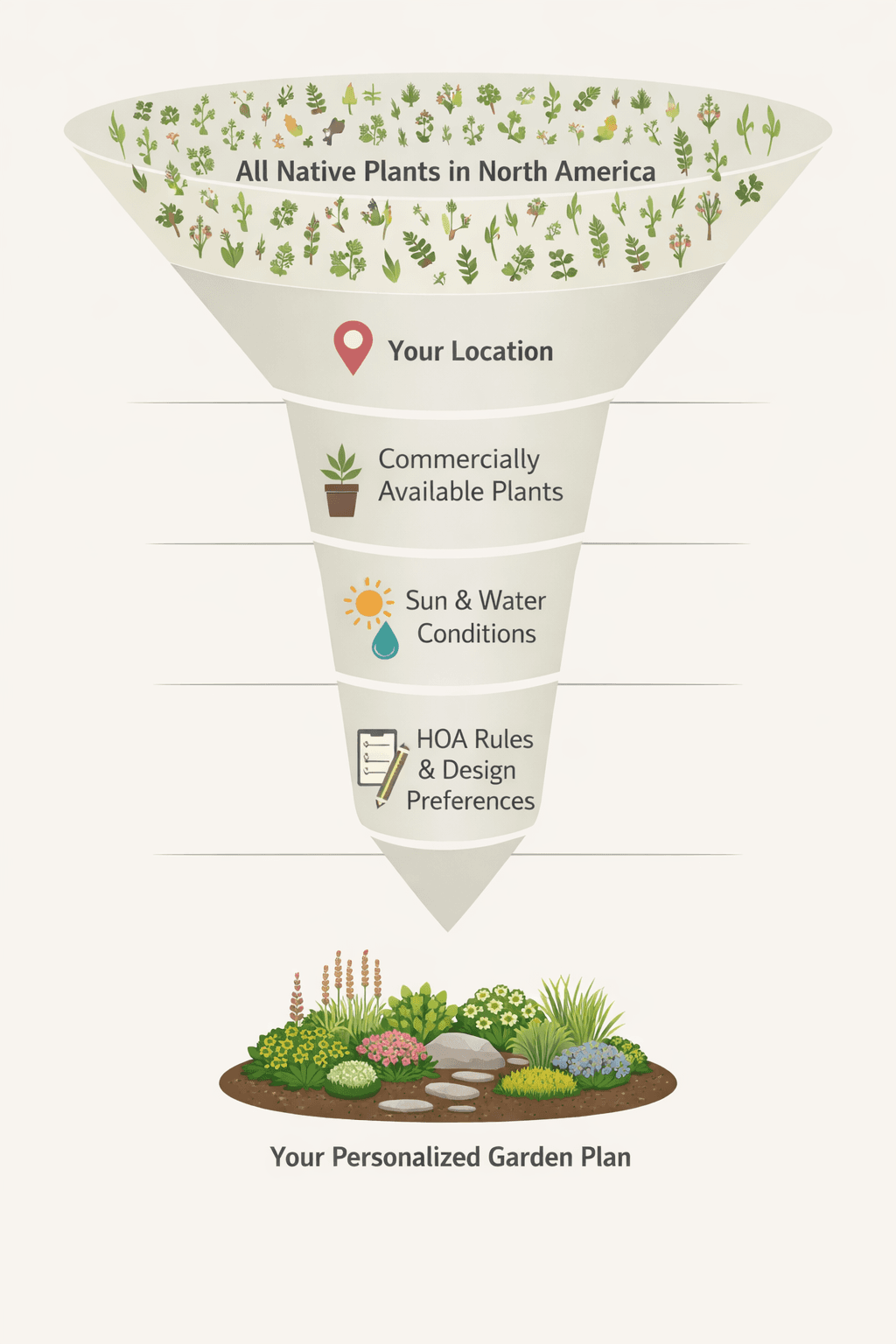 Planning funnel showing how Pollinator Patch filters native plants to a personalized plan