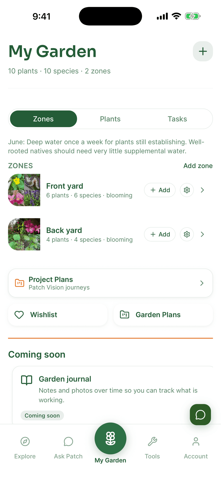 My Garden tab showing tracked native plants by zone
